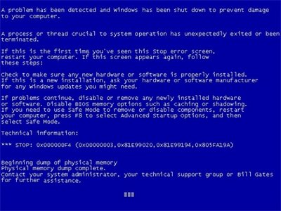 physical put memory blue screen xp